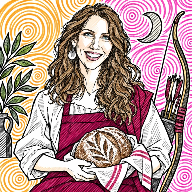 Illustrated interpretation of Claire with a handmade loaf and an archery bow